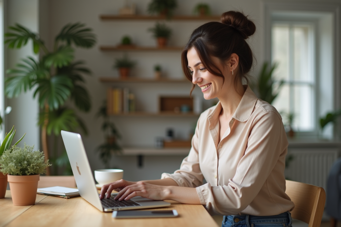 femme-travail-ordinateur-maison Femme souriante travaillant sur son ordinateur dans une cuisine moderne