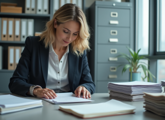 Archivage de documents : les bonnes pratiques à adopter Femme d affaires triant des documents dans un bureau moderne