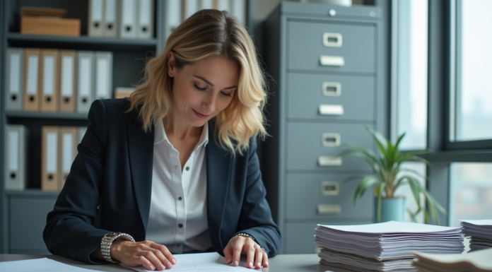 Archivage de documents : les bonnes pratiques à adopter Femme d affaires triant des documents dans un bureau moderne