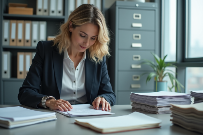 Femme d affaires triant des documents dans un bureau moderne