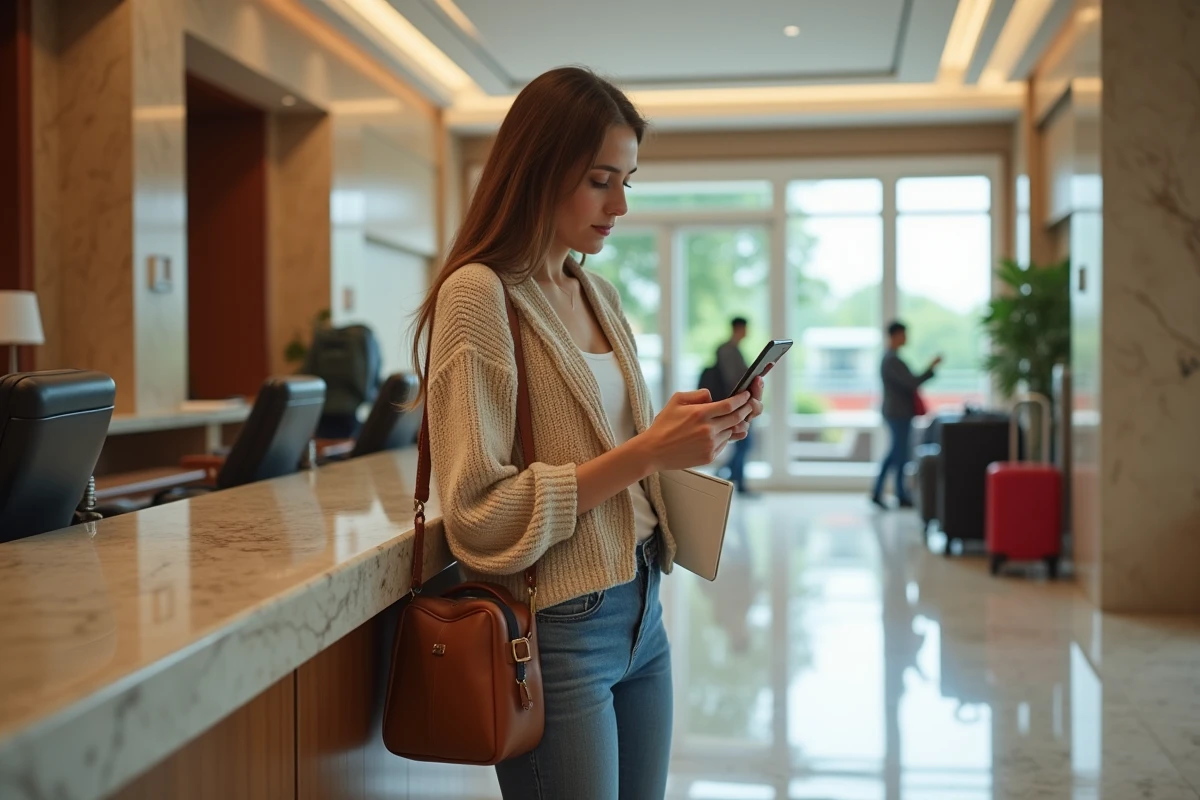 Jeune femme voyageuse dans un hall d