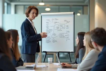 Responsable RH animant une session de formation sur la transition logicielle de paie pour ses équipes en entreprise