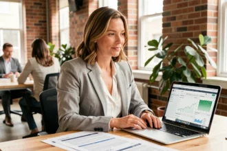 Freelance femme travaillant sur ses contrats et alternatives au portage salarial dans un espace de coworking moderne
