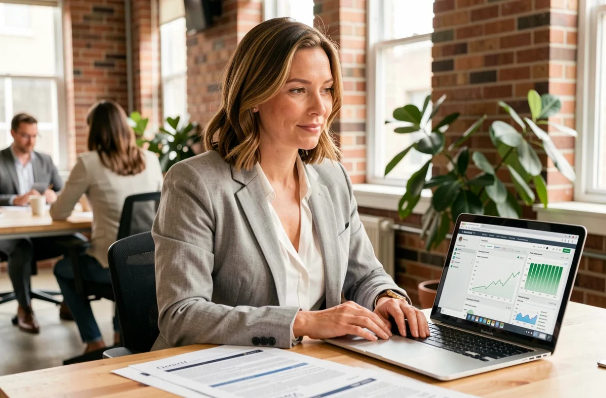 Freelance femme travaillant sur ses contrats et alternatives au portage salarial dans un espace de coworking moderne