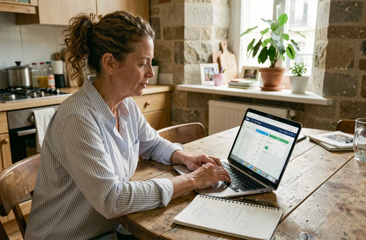 Femme freelance calculant le cumul entre revenus de portage salarial et allocations chômage depuis son domicile