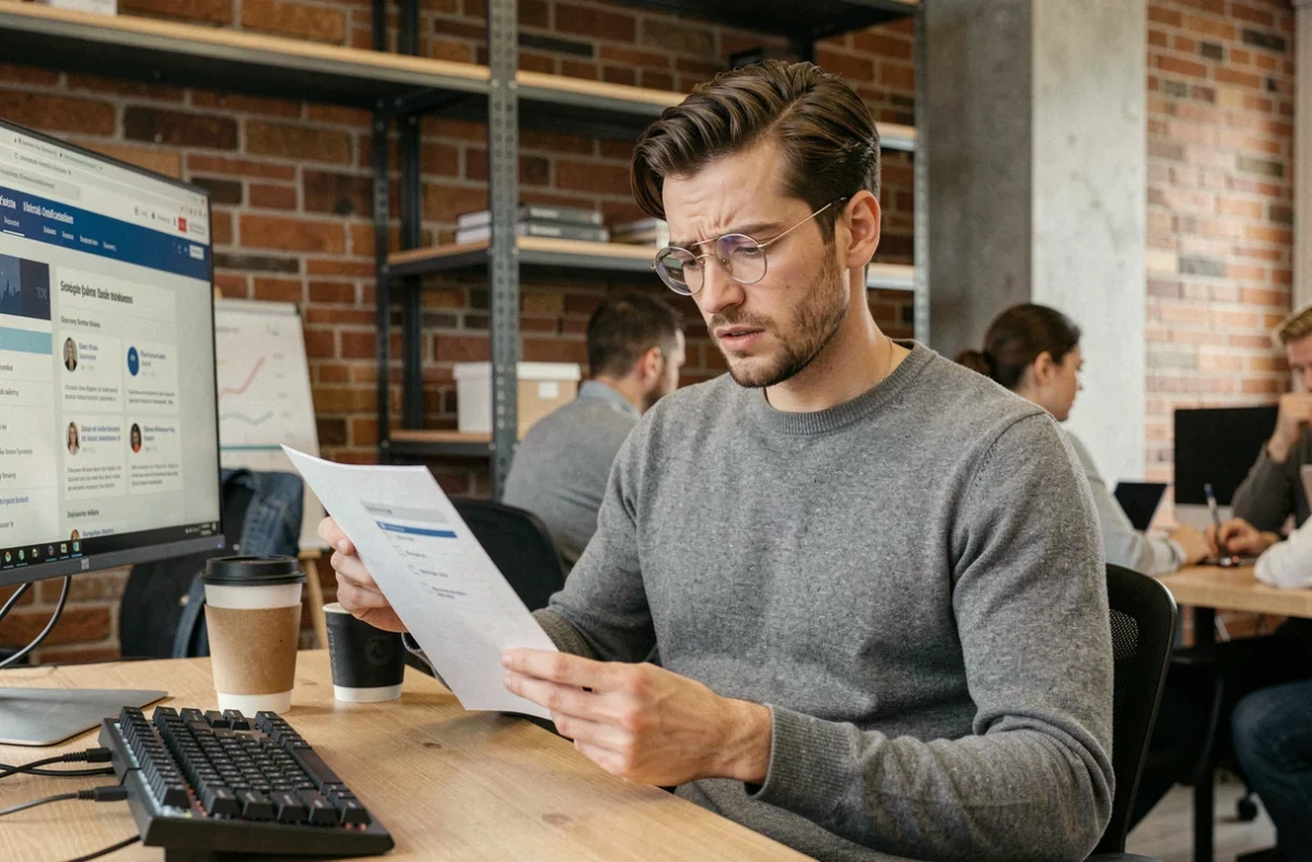 Designer freelance masculin comparant des documents et un portail gouvernemental français dans un espace de coworking