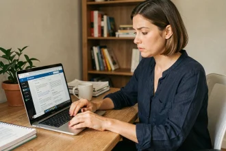 Freelance femme analysant le portail Avenir-entreprise.fr sur son ordinateur portable dans un bureau à domicile