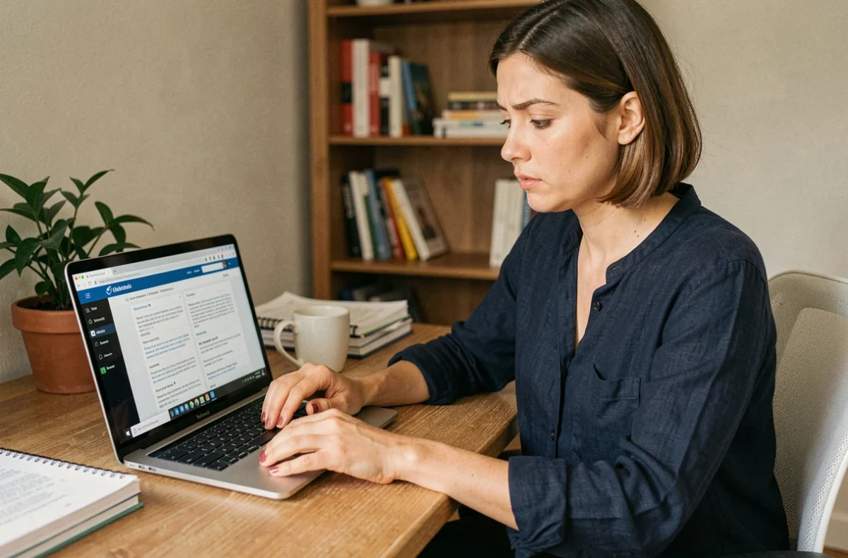 Freelance femme analysant le portail Avenir-entreprise.fr sur son ordinateur portable dans un bureau à domicile