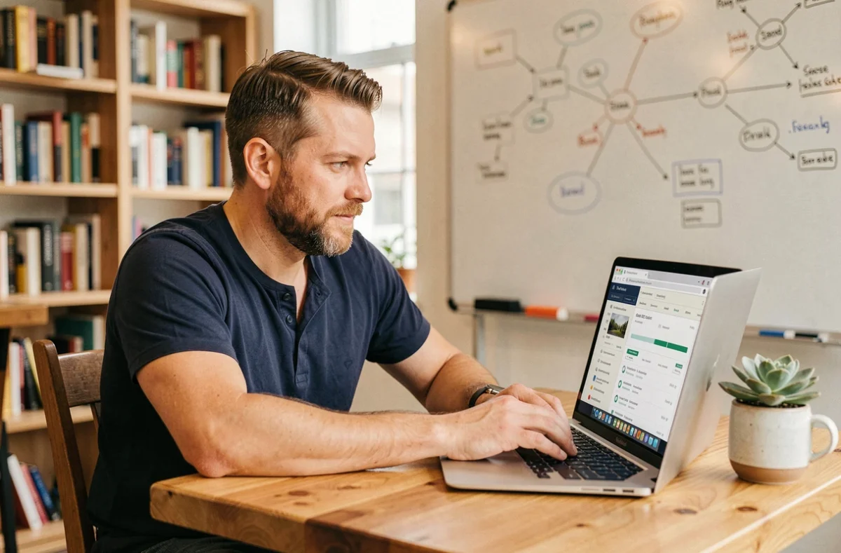 Consultant SEO freelance de Freelink travaillant sur des profils de backlinks dans un espace de travail moderne en Charente