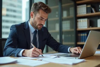 Juriste d'entreprise conseillant sur des décisions légales et rédigeant des documents