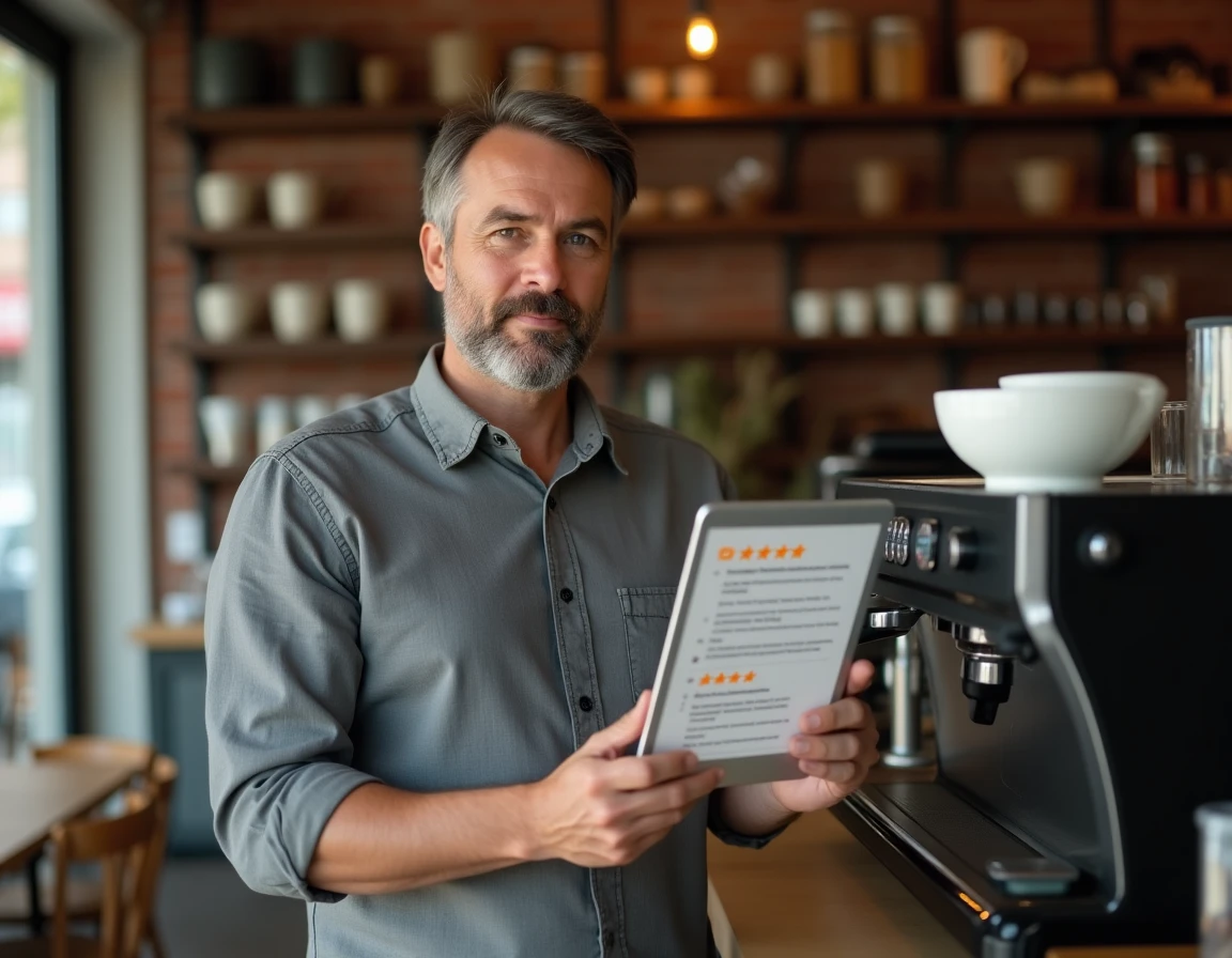 Propriétaire de café consultant les avis négatifs de clients sur une tablette numérique derrière son comptoir