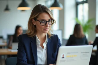 Femme professionnelle gérant des avis clients négatifs sur son ordinateur portable dans un bureau moderne