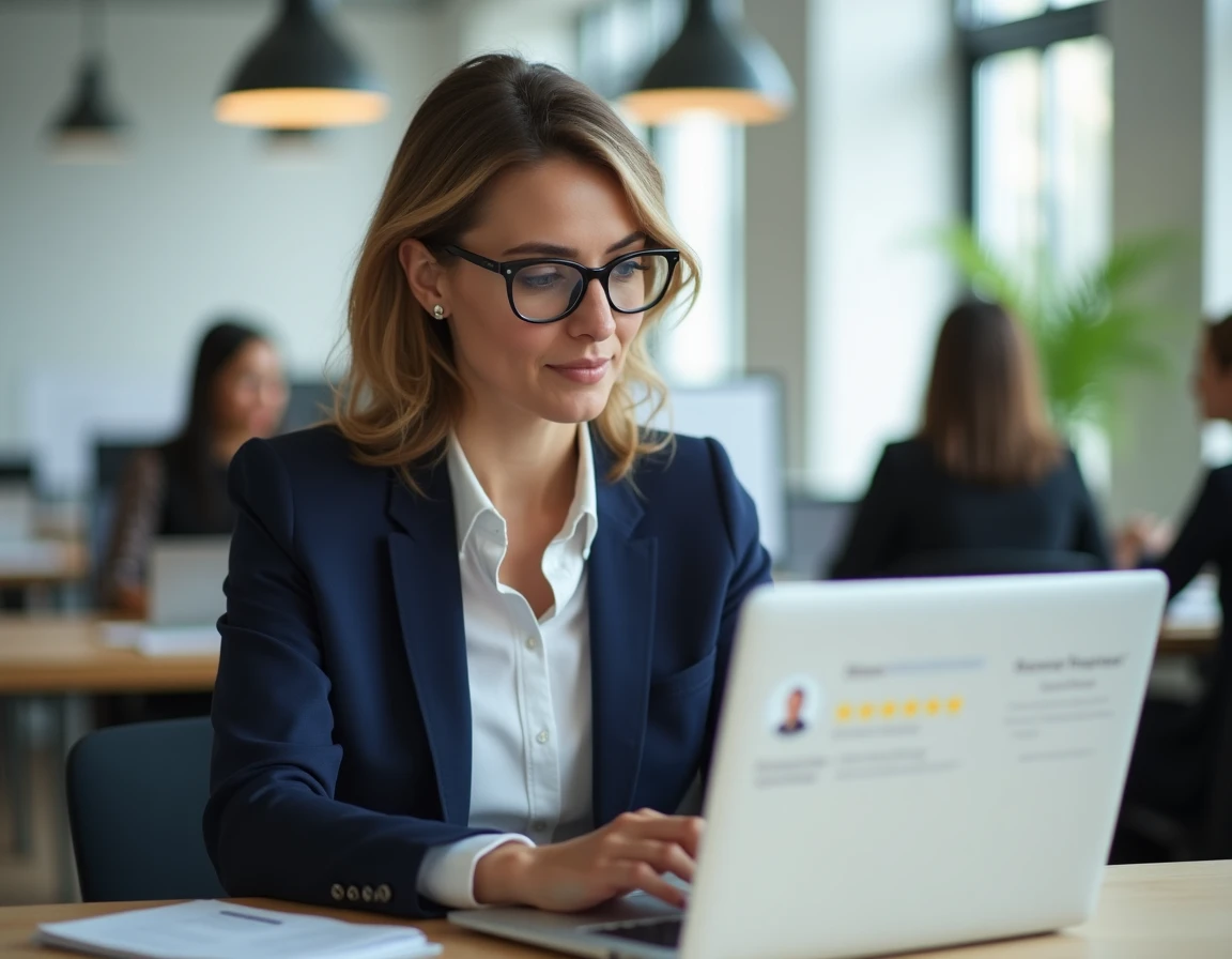Femme professionnelle gérant des avis clients négatifs sur son ordinateur portable dans un bureau moderne