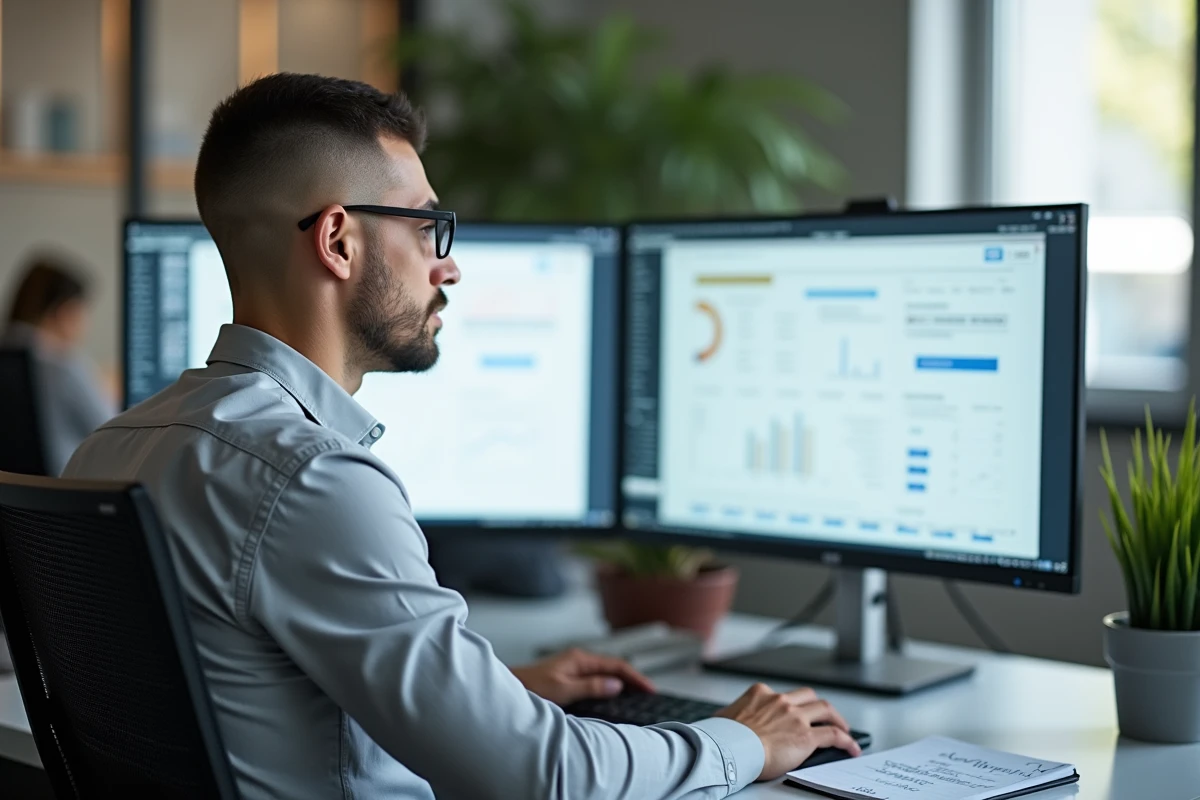 Gestionnaire de paie travaillant sur un logiciel de gestion salariale lors d'une migration vers un nouvel outil RH