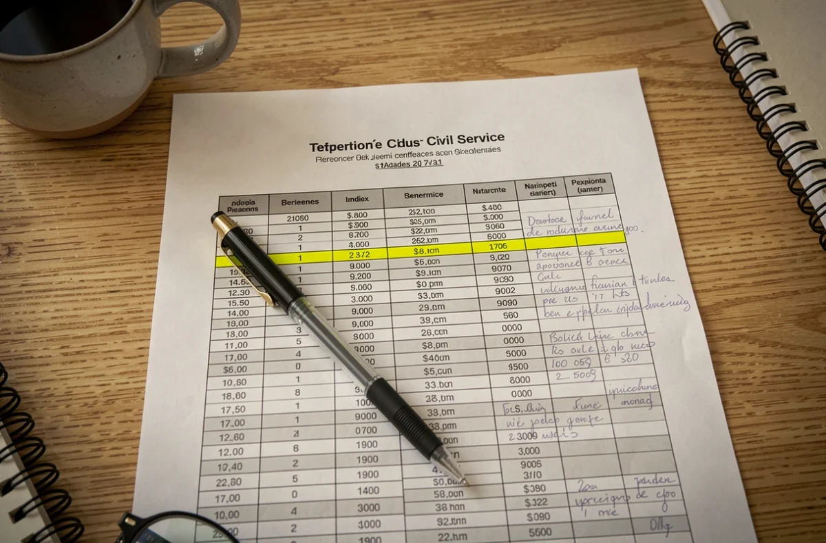 Gros plan sur une grille indiciaire d'agent de maîtrise territorial annotée avec stylo et surlignage sur un bureau en bois