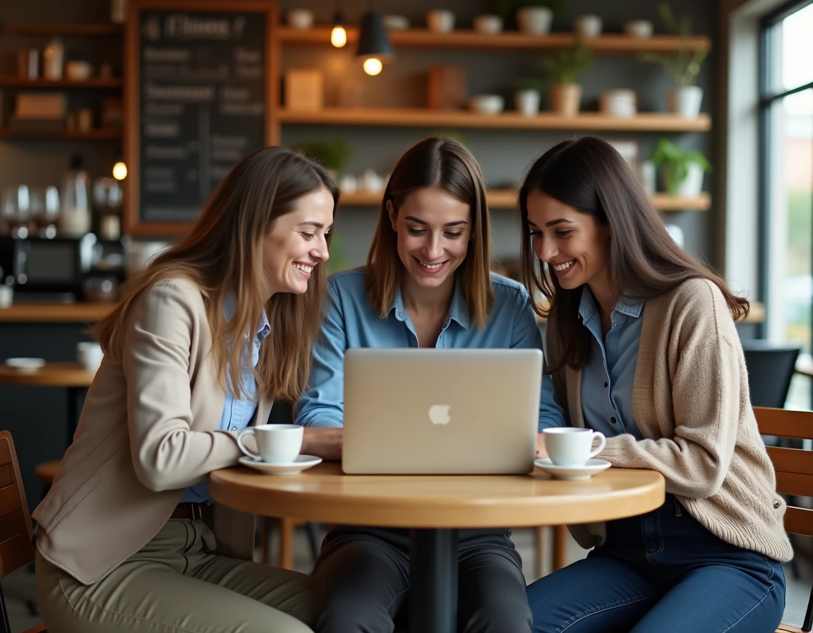 Groupe de jeunes entrepreneurs discutant d'un article de blog sur la création d'entreprise autour d'un café