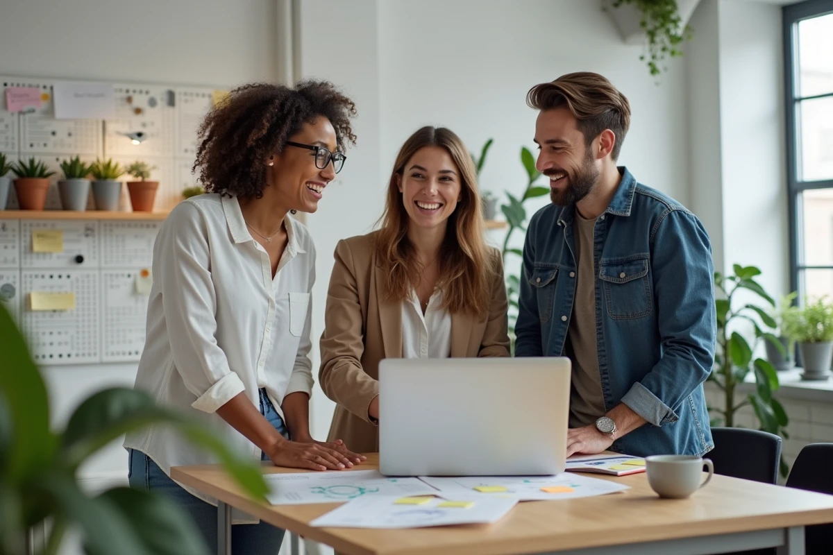 Groupe de jeunes entrepreneurs collaborant dans un incubateur de startups autour d'un projet d'entreprise, illustrant le soutien et la communauté entrepreneuriale