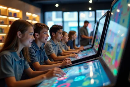 Groupe d adultes et adolescents jouant dans un magasin moderne