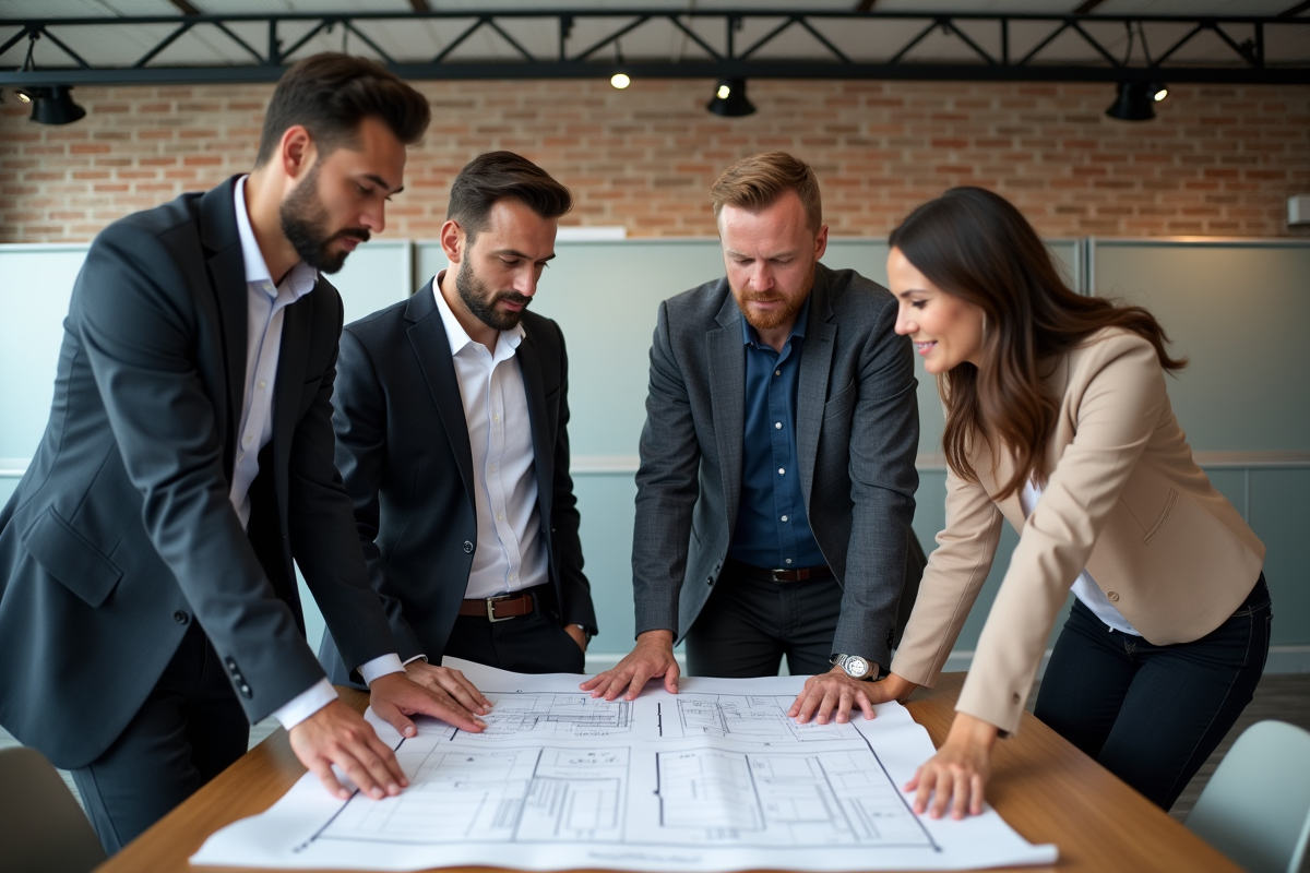 Groupe de professionnels analysant un plan dans un espace collaboratif