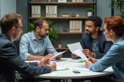 Groupe de professionnels en réunion dans un bureau moderne
