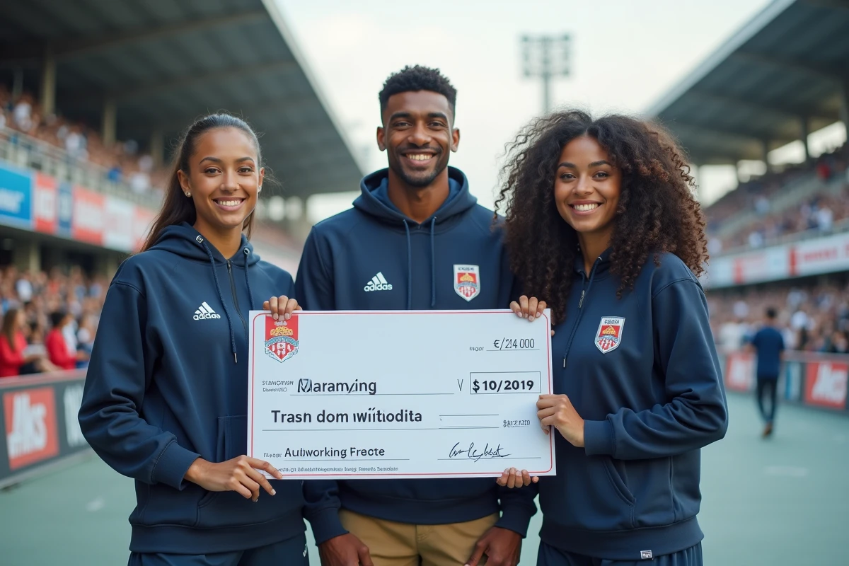 Trois jeunes sportifs avec un gros ch&egrave;que de parrainage devant un stade