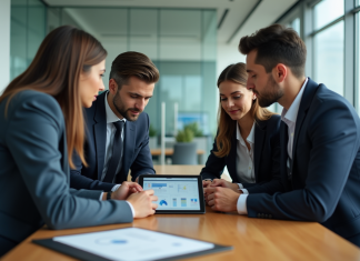 Collaboration numérique : optimisez l’organisation de votre entreprise avec un outil performant ! Groupe de quatre adultes en réunion d'affaires