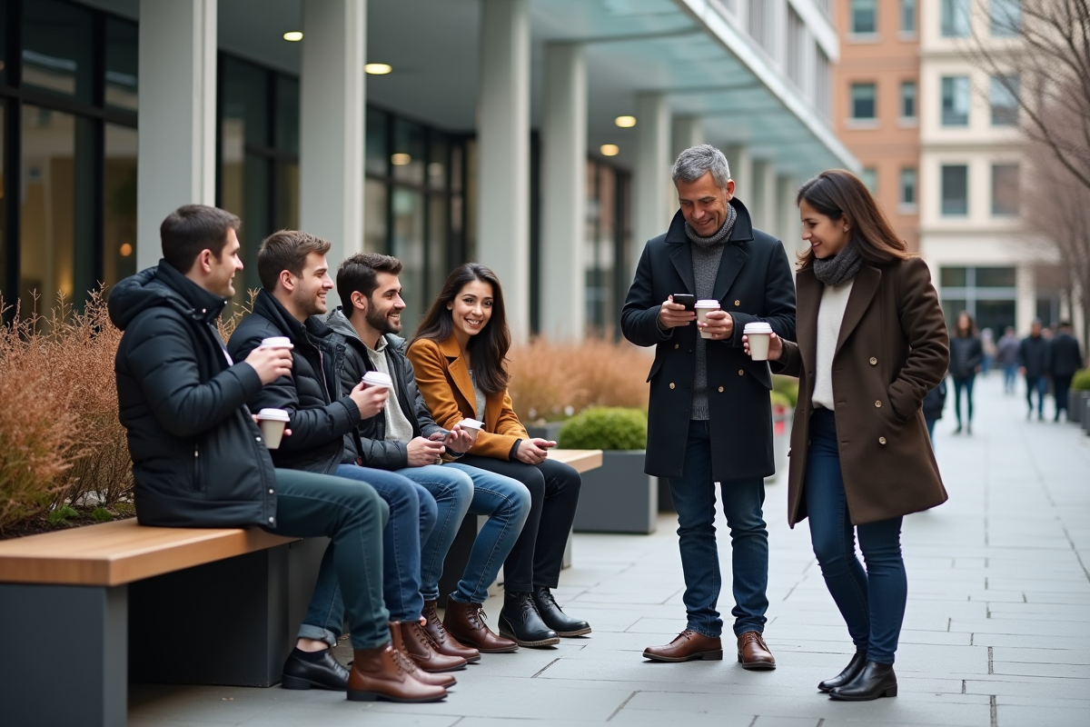 Groupe diversifié de travailleurs en pause dans un patio urbain