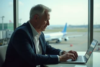 Homme d'affaires au café d'aéroport concentré sur son ordinateur