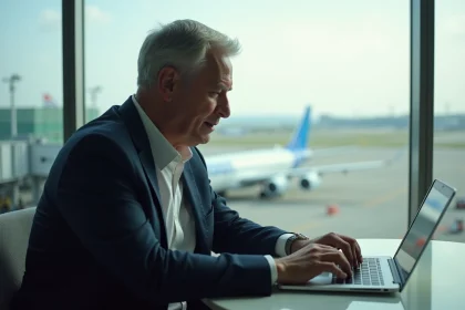 Homme d'affaires au café d'aéroport concentré sur son ordinateur