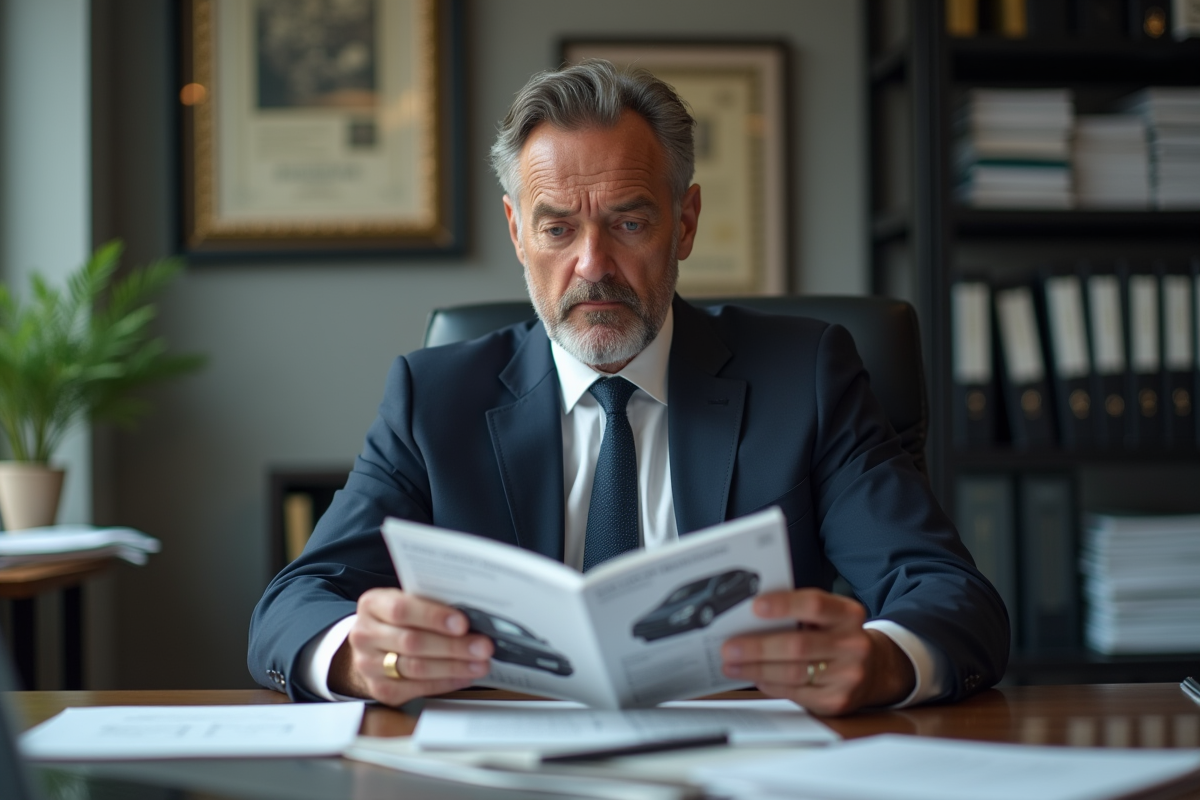 Homme d affaires français en costume examine deux brochures