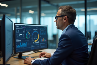 Homme d'affaires en costume bleu examine un tableau digital