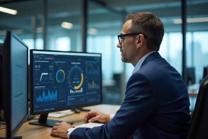 Homme d'affaires en costume bleu examine un tableau digital