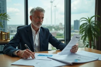 Homme d'affaires en réunion avec rapport durabilite