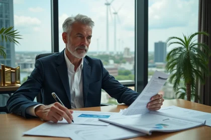 Homme d'affaires en réunion avec rapport durabilite