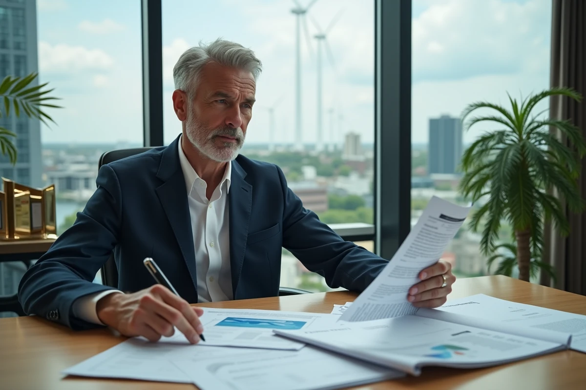 Homme d'affaires en réunion avec rapport durabilite