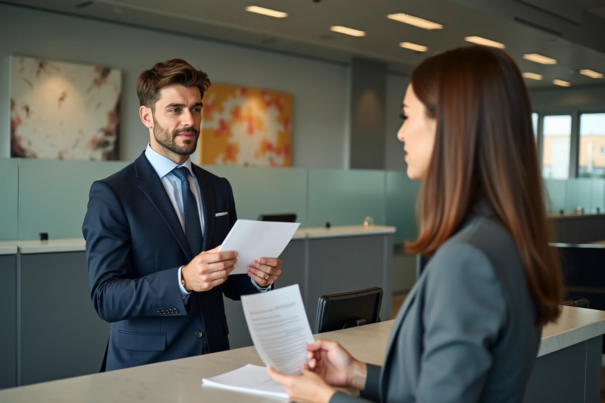 Jeune homme en tenue professionnelle au comptoir bancaire
