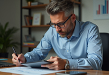 Homme d'âge moyen analysant la bourse sur tablette