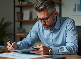 Homme d'âge moyen analysant la bourse sur tablette