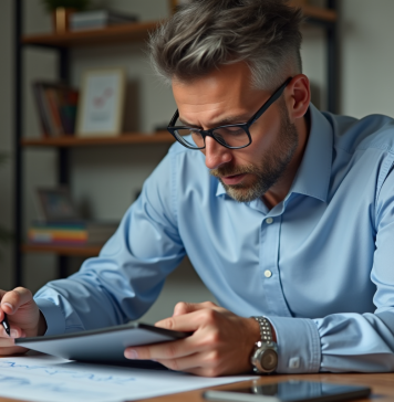 Actions à acheter 2025 au Canada : investir en bourse avec succès ! Homme d'âge moyen analysant la bourse sur tablette