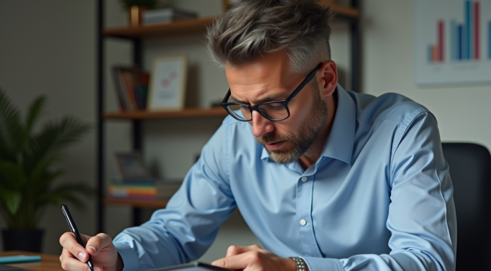 Homme d'âge moyen analysant la bourse sur tablette