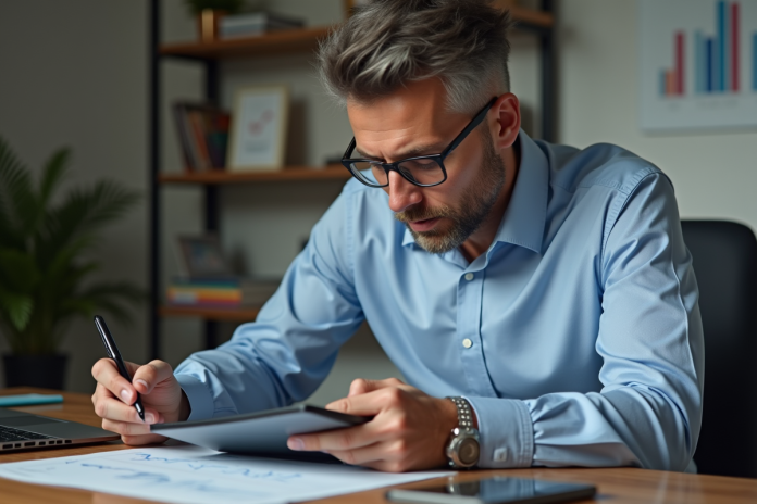 Homme d'âge moyen analysant la bourse sur tablette