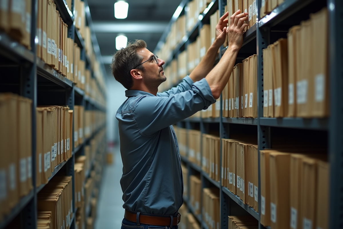 Homme triant des dossiers dans un espace d archive professionnel