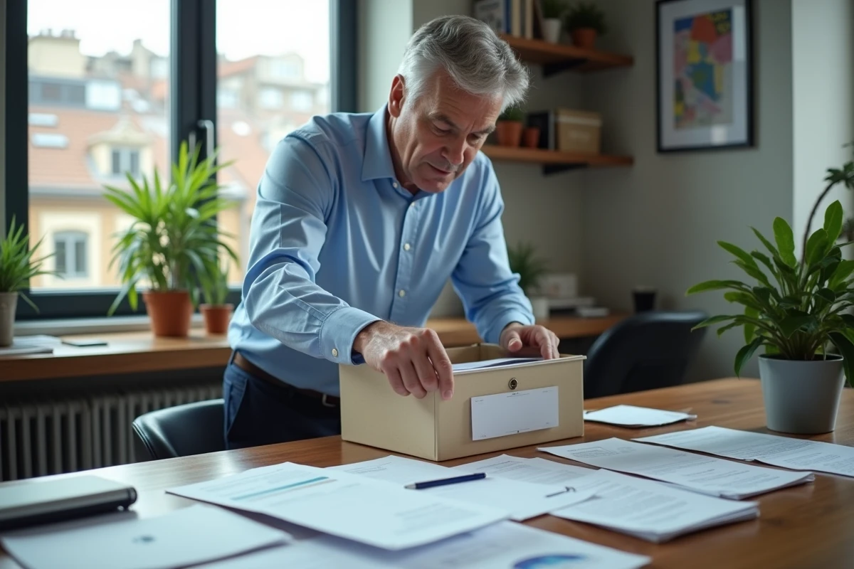 Homme archivant des factures dans un bureau à domicile
