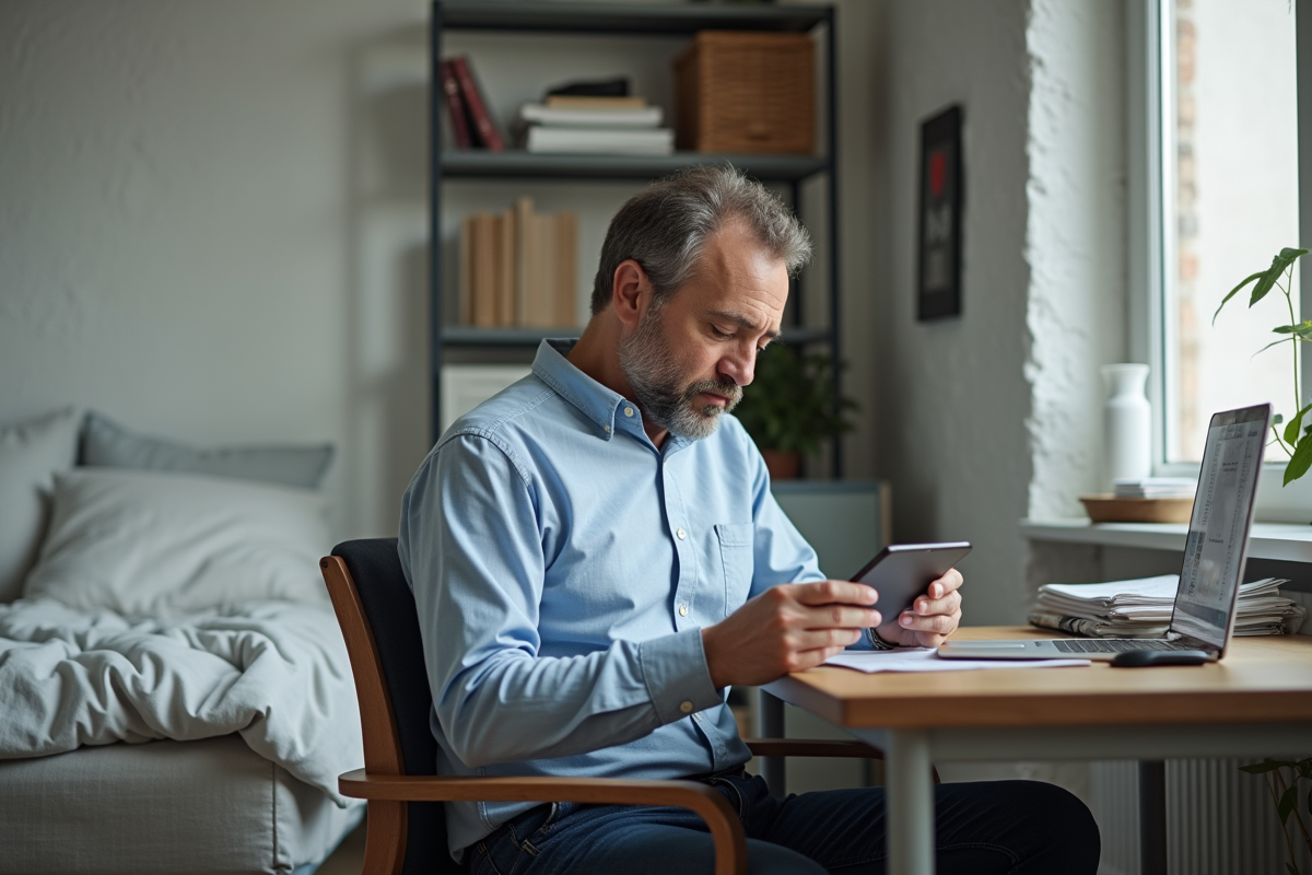 Homme au bureau à la maison avec linge en désordre