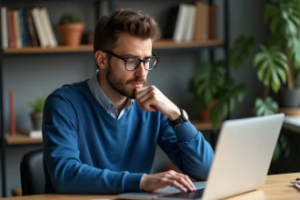 Homme en sweater bleu regardant son ordinateur dans un bureau
