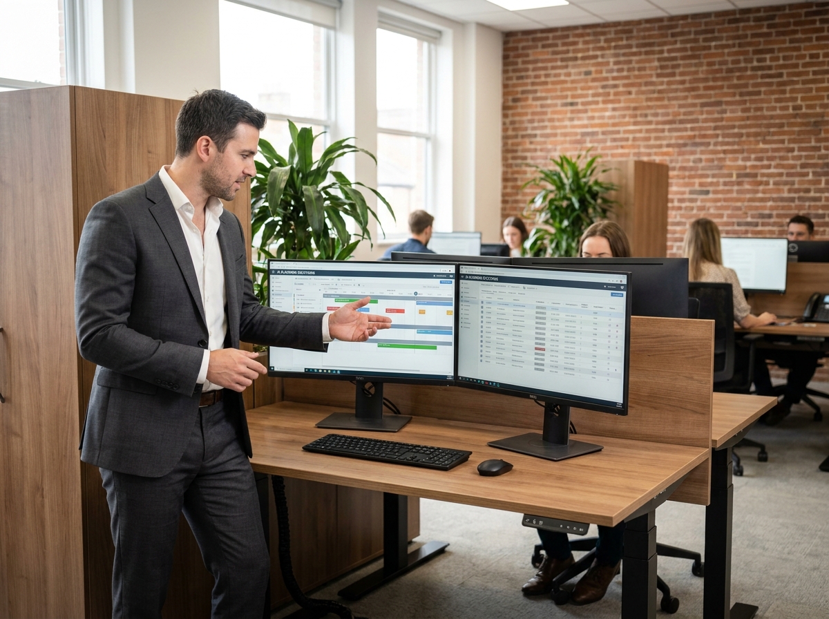Homme professionnel debout à son bureau open-space utilisant un logiciel de planification basé sur l'intelligence artificielle avec des écrans doubles