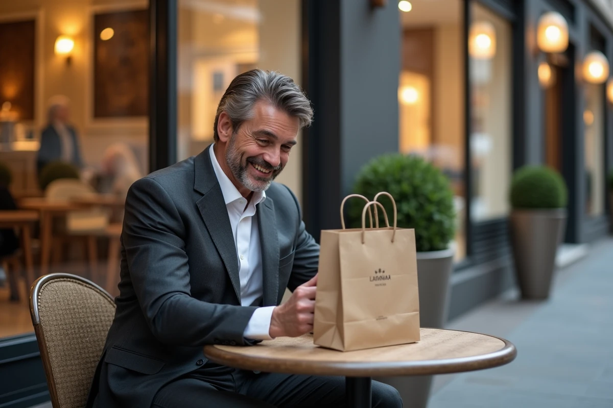 Homme d age moyen souriant dans un caf&eacute; chic en ville