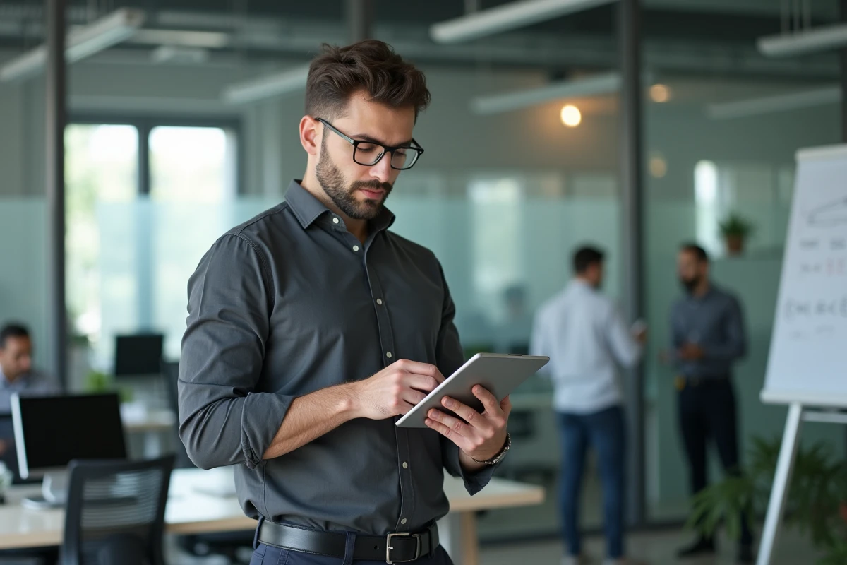 Homme en bureau moderne consultant un comparatif de services numériques sur une tablette avec expression réfléchie