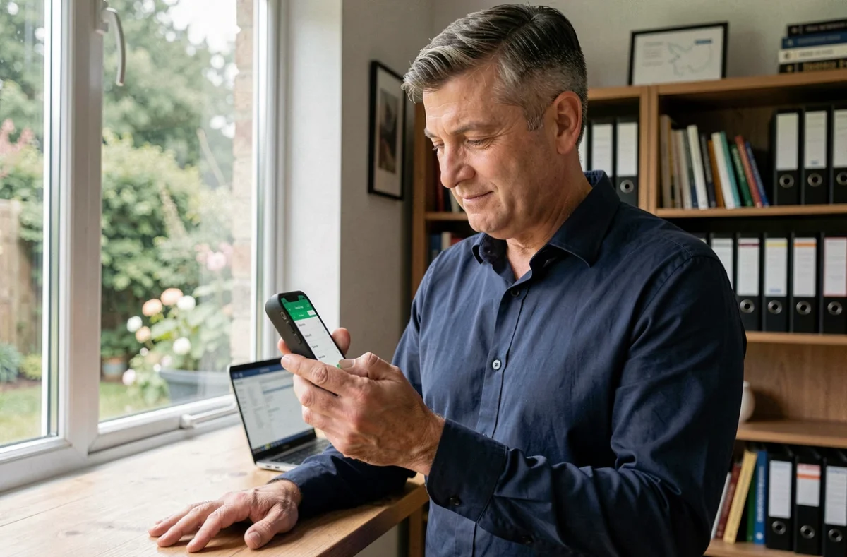 Homme consultant son bulletin de paie sur smartphone depuis son bureau à domicile