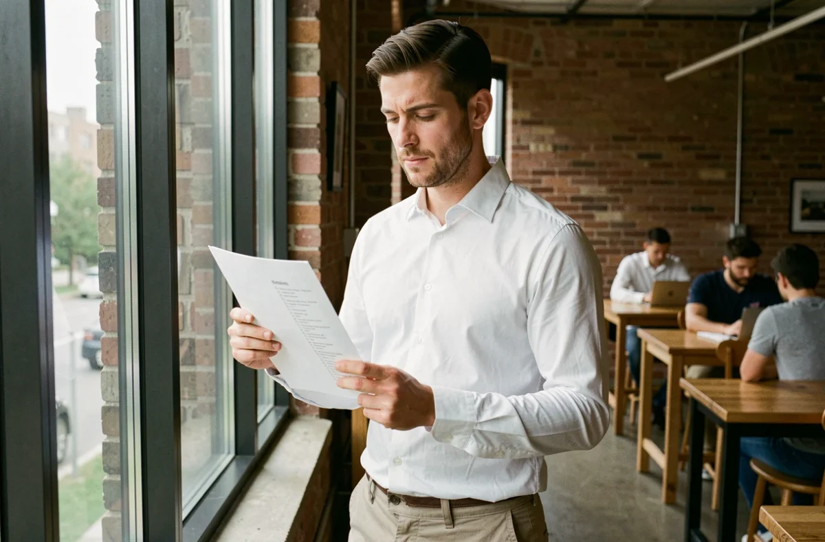 Homme analysant les avantages et inconvénients d'un emploi dans un espace de coworking